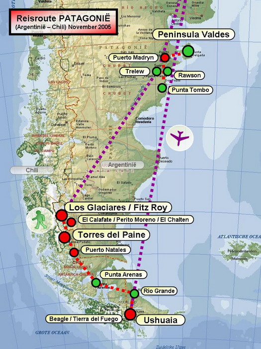 Travel route / Map In November 2005  I made a journey through the wonderful Patagonia in the south of Argentina and Chile. We visited Ushuaia, the city at 'fin del mundo', we did some hiking in the nature parks of Torres del Paine and FitzRoy, we visited some beautiful glaciers (Perito Moreno, Glaciar Serrano, Glaciar Gray, Glaciar Torre) and we had some nice encounters with guanacos, sea lions, whales, dolphins and penguins. Stefan Cruysberghs